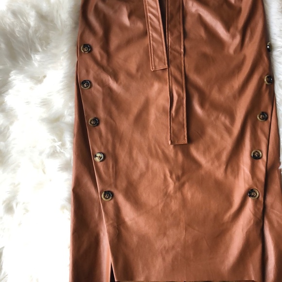 Cognac Leather High Waist Midi Skirt - Picture 3 of 6